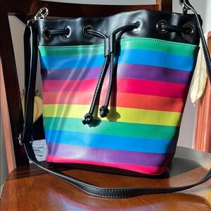 Rainbow Stripe Bucket Bag with Black Trim